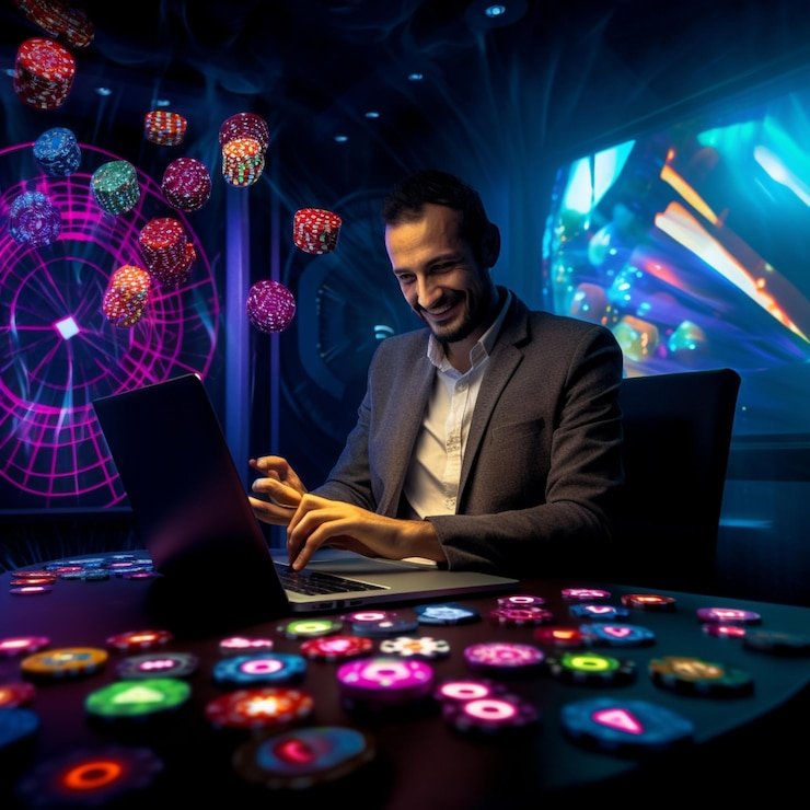 Antarmuka pemain Casino Hold'em di platform bruce633 menunjukkan kartu, chips, dan opsi keputusan